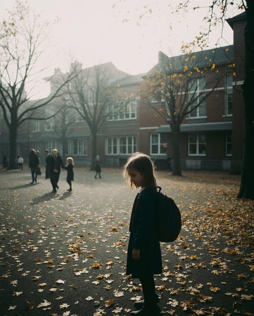 Ein einsames Mädchen auf dem herbstlichen Schulhof, andere Schüler und Erwachsene im Hintergrund.
#Mobbing